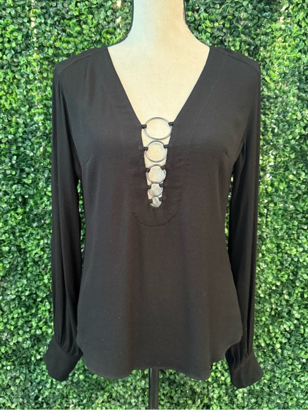 Free People Black Long-Sleeve V-Neck Top with Ring Detail